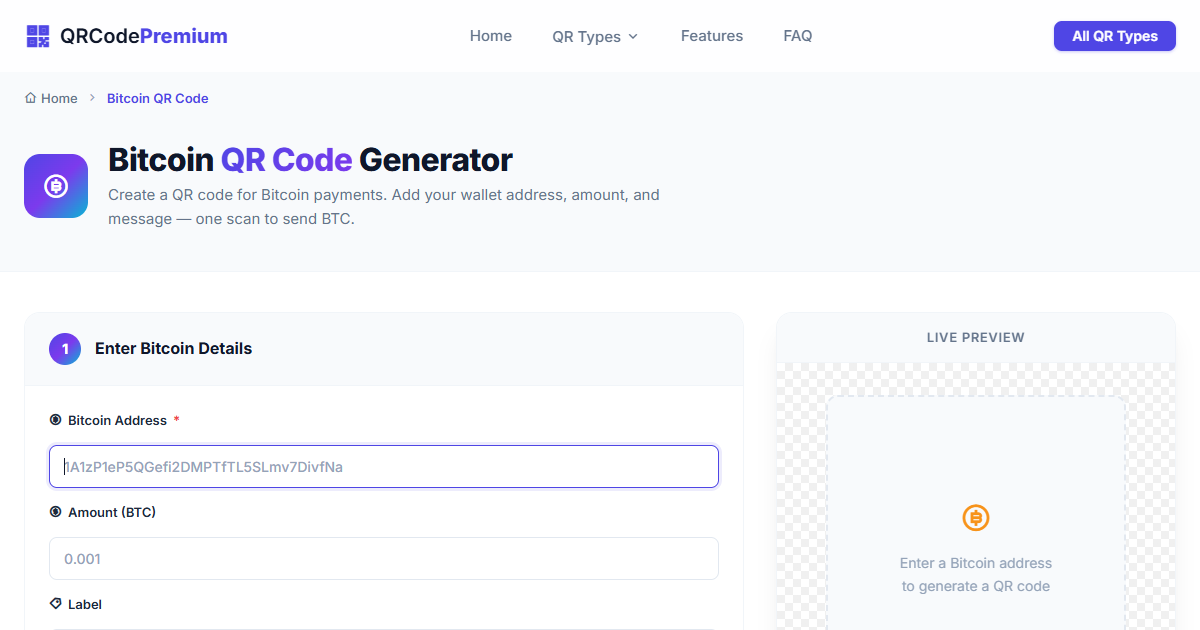 Bitcoin QR Code Generator - Create BTC Payment QR Codes | QRCode Premium